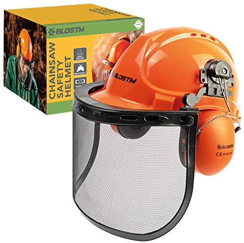 BLOSTM Casco di Sicurezza - 3 in 1 Casco Forestale Arancione con Visiera in Rete d'Acciaio e Cuffie di Protezione dell'Udito, Elmetto Resistente Agli Urti