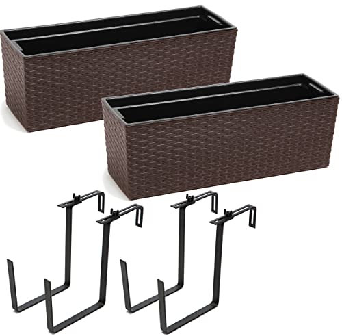 botle 2 Stück Blumenkasten Balkonkasten Geländerkasten Blumentopf Balkontopf Halterung Metall Mokka Rattan 56 x15x19 cm Blumenkasten
