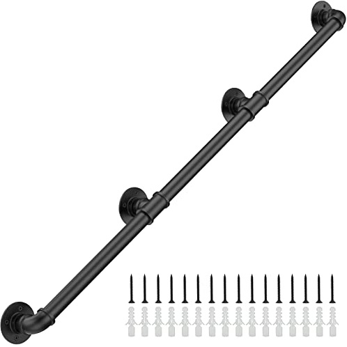Groking 11.4FT Industrial Stair Railing Wall Mount Staircase Handrail φ1.3 Pipe Hand Rail for Steps Grab Bar Foot Rail Vintage Pipe Railing Black Deck Handrail for Outdoor Indoor Stairs Porch