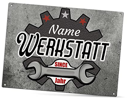 Werkstattschild selbst gestalten - Werkstatt since - personalisiert mit Name und Datum, Geschenk für Handwerker, Outdoorschild aus Aluminium | Wetterfest, 28x20 cm