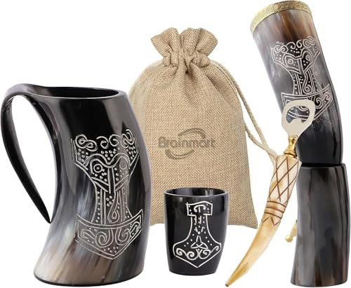 Brainmart Juego de 6 jarras vikingas con cuernos para beber Thor, bocina Thor con soporte, abrebotellas, vaso de chupito, bolsa | Lo mejor para cerveza Mead Wine Ale líquido frío y caliente