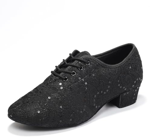 RUYBOZRY Scarpe da Ballo Latino Donna con Lacci Pratica Scarpe da Allenamento per Balli da Tango da Ballo con Tacco Basso,LPWMMD-Black-ZBMD-3,EU38
