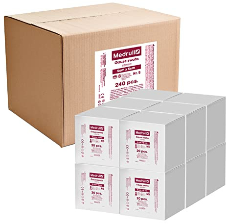 Medrull Gauze Swabs - Sterile - Non-Adhesive Wound Dressings - Extra Absorbent - 8-Ply - 5 cm x 5 cm - Packed 5 Pieces - 20 Paper Bags / Box x 12 Boxes