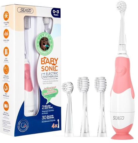 SEAGO Toddler Electric Toothbrushes for Baby Ages 0-3 Years, Baby Toothbrush with Smart Timer and Suction Base, 4 Replacement Brush Heads SG-513(Pink-C)