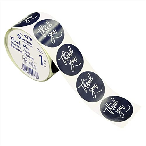 AVERY Zweckform 600 Aufkleber Thank you (Made in Germany, Ø38 mm, nachtblaue Geschenkaufkleber weiße Schrift, selbstklebende Geschenkdeko, Karten, Tüten, Gutscheine) Sticker Danke auf Rolle, 4377