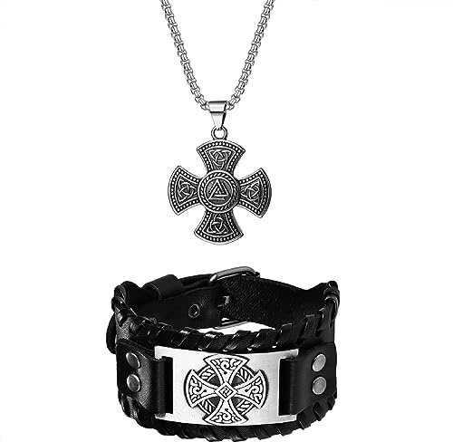 OIDEA Herren Halskette Armband Set, Kette aus Edelstahl mit Keltischer Knoten Kreuz Spielkarte Anhänger & Breit Armband aus Echtleder, Gold Silber