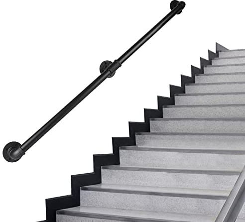 Rectoo Rohr-Treppen-Handlauf, 61 cm Metalltreppen-Handlauf, schwarz verzinkter industrieller Eisen-Handlauf für Innen- und Außenbereich, Wandhalterung, Wandhandlauf, Sicherheitsgriff, Stufen Baluster