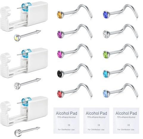 WillTen Nose Piercing Kit with Nose Rings, 3 Pack Self Nose Piercing Gun, Disposable Safety Nose Piercing Kit with L-Shape Nose Rings Stud CZ Nose Piercings Gun Kit Tool