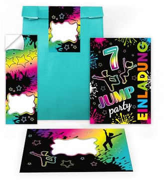 Limonia 12 Einladungskarten zum 7. Kindergeburtstag Jump Party Trampolin neon Einladung Set Geburtstag Mädchen Kinder Jungs Jungen Boys Geschenktüte inkl. 12 Umschläge, 12 Tüten, 12 Aufkleber