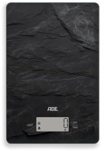 ADE Digitale Küchenwaage | präzise Grammwaage bis 5 kg | großes Display | inkl. AAA Batterien | sehr flach | mit Aufhängeöse | gut lesbare große Ziffern | schiefer