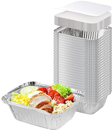 Contenitori in alluminio con coperchio, confezione da 50 pezzi, grandi vassoi per alimenti con coperchio, n. 6A, vassoi da forno, contenitori per alimenti per la preparazione di pasti, da asporto,