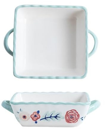 UIOPPOI 1pcs Large Ceramic Baking Dish with Double Handle,Lasagna Pan Square Bakeware Casserole Dishes for Bread Baking and Serving Microwave Oven Safe 27.5X21CM D