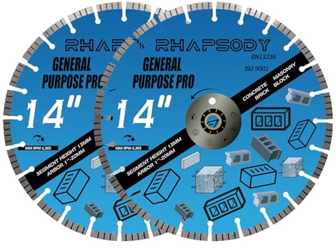 RHAPSODY 14 Inch Diamond Concrete Saw Blade 2pcs, Turbo Segmented General Purpose Blade Dry/Wet Cutting Concrete, Reinforced Concrete, Masonry, Brick, Block,1-20mm Arbor