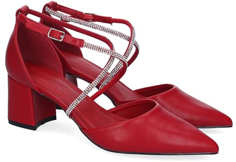 shoes&blues.es 88908 Sandalia de Tacon para Mujer, Comodas y Elegantes, Diseno Moderno con Tiras Brillantes, Puntera Fina y Cierre de Hebilla. Ideales para Eventos. Rojo Talla 38