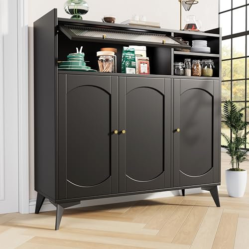 soges Anrichte Küchenbuffet Sideboard Schwarz Buffetschrank mit Glastür und goldenen Griffen, für Esszimmer, Wohnzimmer oder Küche 120 x 39,8 x 118,5 cm