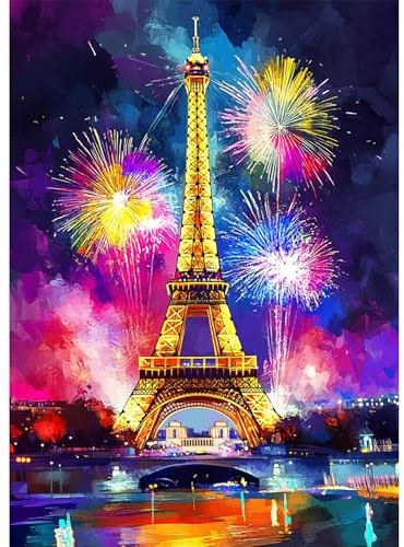 BOWETILE Diamond Painting Landschaft, Eiffelturm-Diamond-Art-Malerei-Sets für Erwachsene, Komplette Strassbilder Nachtlandschaft-Bilder mit Strasssteinen für Anfänger, Wandschmuck für Zuhause 30x40 cm