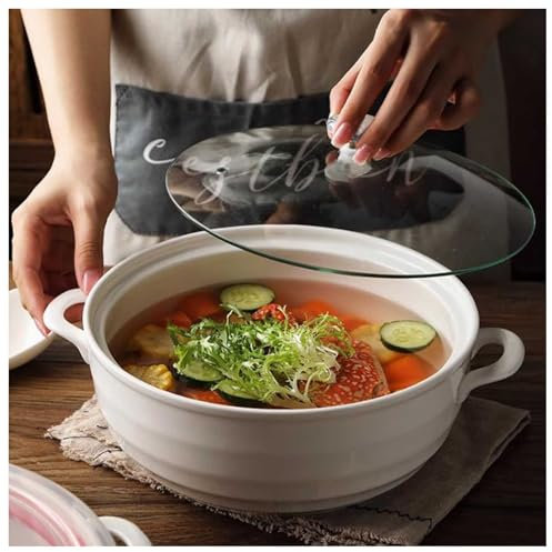Vnook Sopera de cerámica Blanca for Servir Sopa con Tapa de Vidrio y cucharón, Cuencos de Sopa de Gran Capacidad de 3,2 l for decoración de restaurantes y cocinas del hogar