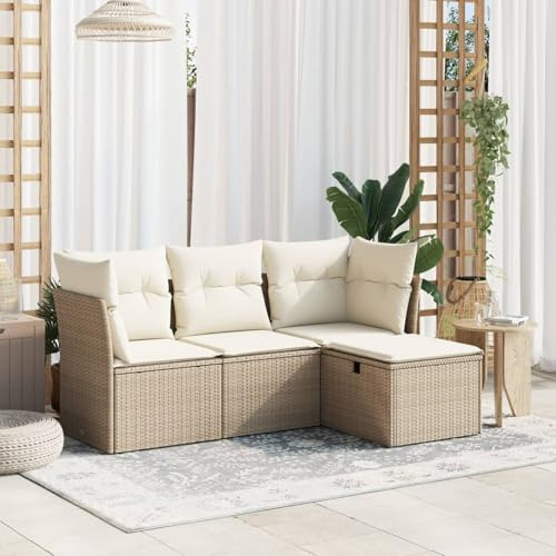 IKAYAA 4-TLG Rattan Balkonlounge Gartenlounge Set Gartenmöbel Klein Sofagarnitur Balkon Loungemöbel Rattan Ecklounge Gartensofa Balkon Sofa mit Kissen Beige und Creme