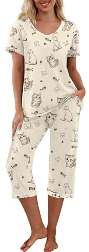 PrinStory Dam pyjamasset kortärmad t-shirt och capribyxor myskläder pyjamas set med fickor, Söt katt Park, M