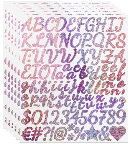 YIKTUNQ 6 Sheets 1 Inch Glitter Letter Number Stickers,624 Pcs Self-Adhesive Alphabet Letters Sticker Decals for Scrapbook Water Bottle DIY Crafts - Pink