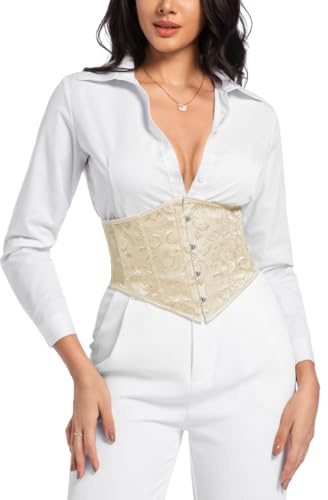 ChiaoLezhee Women's Jacquard Underbust Corset Belt Renaissance Festival Medieval Floral Waist Cincher Fashion Going Out Outfits, Half Lace Up Shapewear Victorian,Champagne,Large