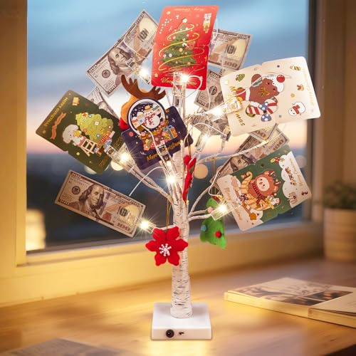 Money Tree Gift Holder, 2FT Birch Tree with 12 Clips & 24 LED Lights, Battery/USB Powered Light Up Artificial Tree Gift Card Holder, Ideal Display for Home Christmas Party Wedding Birthday Graduation