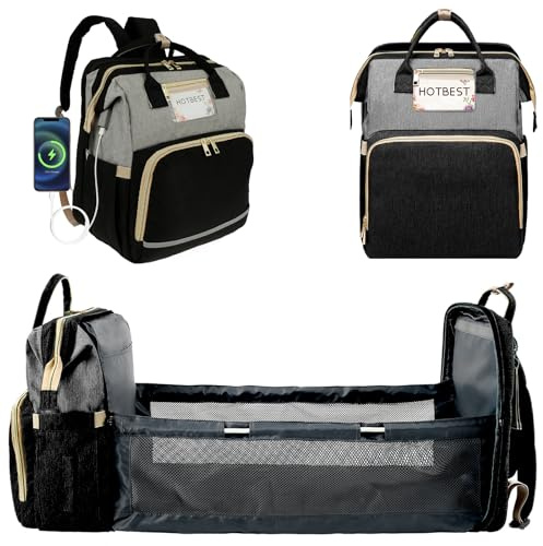 PEIZHIYC Sac à langer pour bébé avec lit, 40 x 30 x 22 cm, poches multifonctionnelles, porte-bouteilles isolés, étanche, pliable, pour maman et papa, gris noir, taille M, L