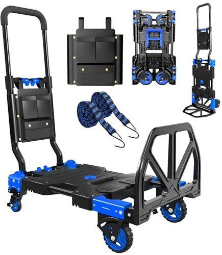 WestShuri Folding Hand Truck, 2 in 1 Portable Heavy Duty Carrying Moving Dolly Cart with 4 Foldable Wheels and Retractable Handle Duty 330lbs (Blue)
