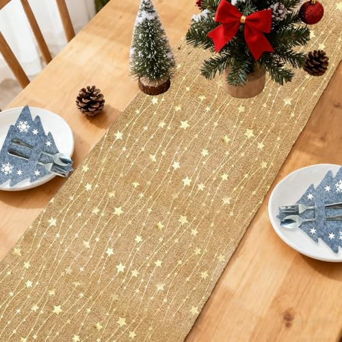 275x28 cm Tischband Weihnachten+12 Stück Filz Bestecktasche Weihnachten,Sterne-Schneeflockenflagge,TischläUfer Weihnachten Gold,WeihnachtsläUfer,TischläUfer Winter,Table Runner Christmas