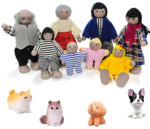 Ruikdly Dockhus dockor – 13 stycken trä, familjeset med katt och hund, figurer, böjdockhus, dockfamilj, set för tillbehör, spel, gåva