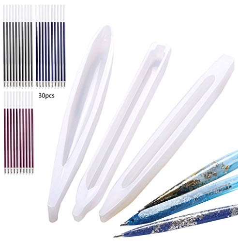 Lodoot Lot de 3 moules en résine de silicone pour stylo à bille avec 30 recharges de 3 couleurs pour stylo à bille en résine époxy