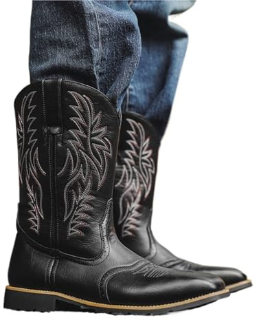 DSFIHJO Western Cowgirl Boots för män, broderade halva breda med fyrkantig tå, slip-on ridskor, svart, 46 EU