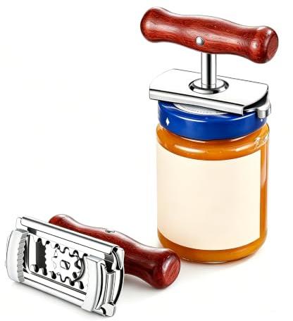 Dosenöffner mit Silikon Rutschfest, Glasöffner aus Edelstahl, Flaschenöffner für Senioren, Dosenöffner Manuell, Glasöffner Verstellbar mit Holzgriff, für Marmelade Hause Camping Senioren