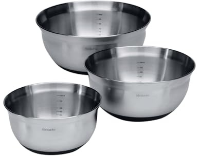 Brabantia 363900 - Juego de 3 cuencos, 1 l, 1,6 l, 3 l, acero mate, base color negro