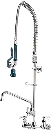 Krowne 17-109WL, Low Lead Wall Mount Pre-Rinse Faucet with 12 Swing Spout, 1.15 GPM Spray Head, 8 Center, Chrome Plated Brass, E-Z Install, Commercial Kitchen Use, 12-1/4W x 15 D x 38 H, NSF