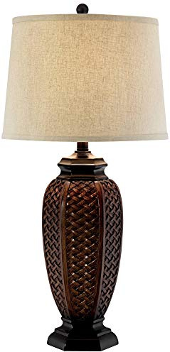 Regency Hill Country Cottage Core Tropical Natural Table Lamp 29 Tall Brown Woven Wicker Pattern Beige Linen Drum Shade Decor for Living Room Bedroom House Home Dining Office Reading Entryway