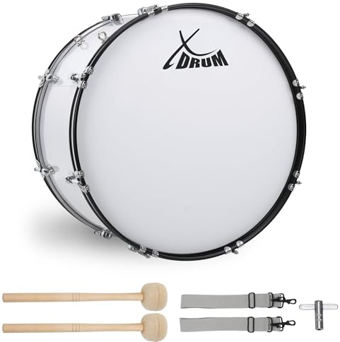 XDrum MBD-224 Marschtrommel 24 x 12, Durchmesser: 24, Tiefe: 12 | Farbe: weiß, Verchromte Hardware, Metall- Spannreifen in schwarz/weiß, Schwarzes XDrum Logo auf den weißen Fellen, Gewicht: 8