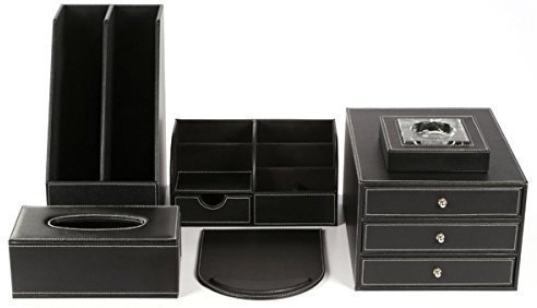 KINGFOM 6pcs Leder büro Schreibtisch Set - Inklusive Schreibtisch Organisator, Schubladenbox, Kosmetiktücherbox, Zeitschriftensammler Halter, Aschenbecher und Mauspad (T02-Schwarz)