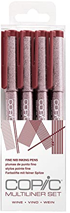 Copic Multiliner Set, Vino, 4 Fineliner en varios grosores de línea, lápices de dibujo con punta fina y tinta pigmentada resistente al agua