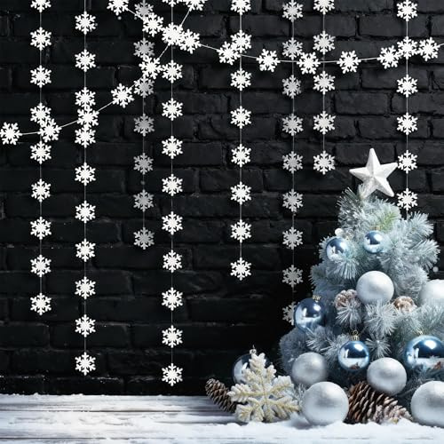Cheerland Clearance Winter Wonderland Decorations White Snowflake Garland Hanging Paper Snowflakes Decor Snow Flake Streamer for Birthday Holiday Baby Shower Office Classroom January Party Supplies