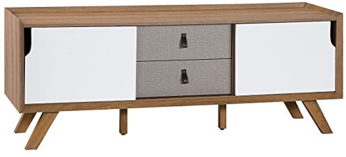 Meuble TV au Design Moderne avec Cadre en Imitation Bois 2 Portes Coulissantes Blanches et 2 Tiroirs Gris 56 cm de Hauteur Beliani