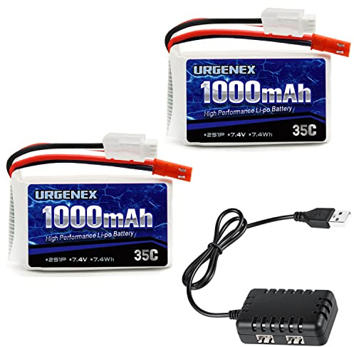 URGENEX 2S Lipo Akku Pack 7.4 V 1000 mAh 35C Rechargeable Battery Pack with JST Plug Compatible with WLtoys Cars A949 A959 A969 A979 K929 1/16 Scale Brushless Racing RC Truck