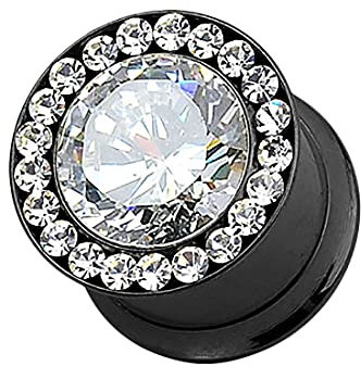 Piersando Ohr Plug Flesh Tunnel Piercing Ohrpiercing Lobe Ohrring Vintage Tribal Edelstahl Multi Glitzer Kristalle Schwarz 12mm