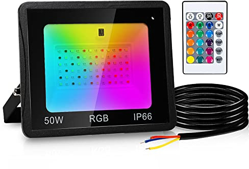 Lospitch 50W RGB Foco LED regulable, control remoto exterior, focos exterior LED RGB resistente al agua IP66, 16 colores 4 modos, proyector para árboles, luz ambiental con cambio de color