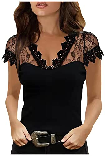 sutelang lurryly T-Shirt Femmes Sexy Couture en Dentelle Manches Courtes Blouse Col en V en Dentelle Casual Transparentes Top Slim Coupe Chemisier D'éTé élégant Et Vintage Tee