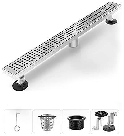 HTOH Shower Drain, Linear Shower Drain 24 Inch(Brushed Nickel),Modern 304 Stainless Steel Shower Floor Drain with Grate Removable, Adjustable Leveling Feet, Rectangular Shower Drain