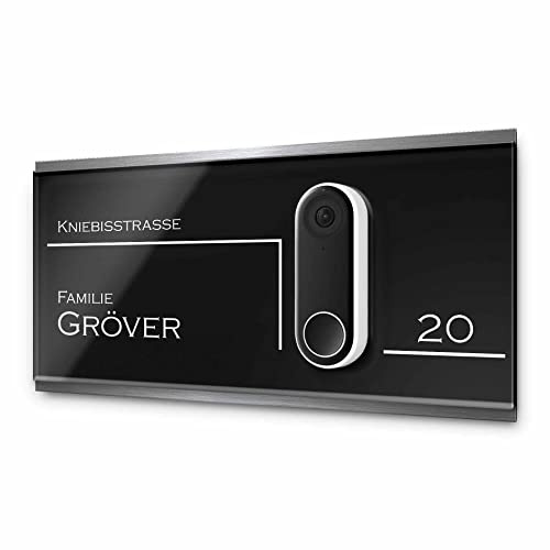 Edles Klingel Schild für Google Nest Doorbell Kabelgebunden - Namensschild aus Edelstahl & Acrylglas personalisiert | kompatibel mit Videotürklingel Funk Videoklingel - Funkklingel Zubehör (35x18 cm)