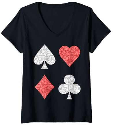 Damen Kartenspieler Spielkarten Symbole Karo Pik Kreuz Herz Kostüm T-Shirt mit V-Ausschnitt