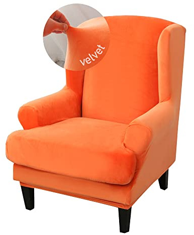 Highdi 2-Teilig Samt Ohrensessel Überzug, Super Weich Sesselüberwürfe Elastisch Ohrensessel Schonbezüge Sesselhusse Sesselbezug Tiger Stuhlbezug mit Armlehne Hohe Rückenlehne (Orange)
