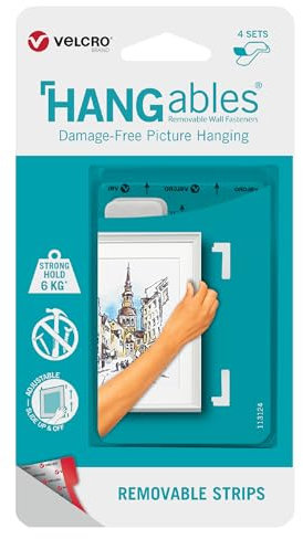VELCRO Brand | HANGables Removable Picture Hanging Strips | 1 Pack of 4 Sets | Damage Free Picture Hanging for Pictures, Mirrors, Wall Décor | White | 4 Strips Holds up to 6kg/1 Picture